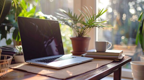 A laptop on a tidy workspace with a calm neutral background